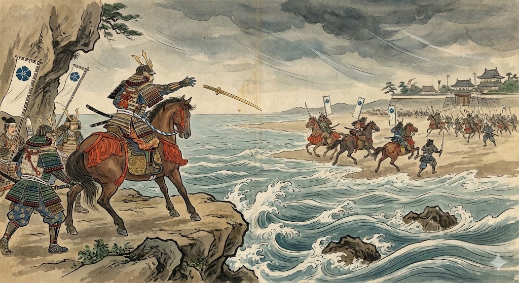 稲村ヶ崎を越えて鎌倉へ突入する新田義貞の軍勢