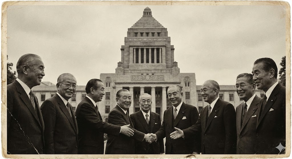 国会議事堂の前で握手を交わす政治家たちの古い白黒写真