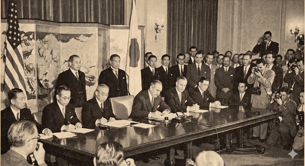 日米安全保障条約の署名式の様子、または安保反対デモのプラカード