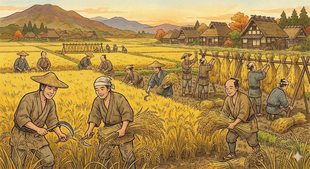 たわわに実る稲穂と、それを収穫する中世の農民たちのイラスト