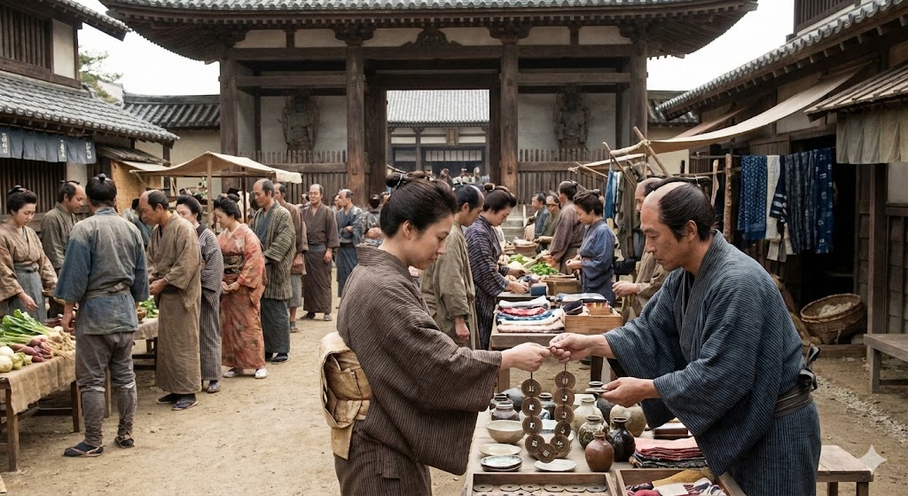 寺社の門前に広がる賑やかな市場と、そこで宋銭を使って買い物をする人々の様子