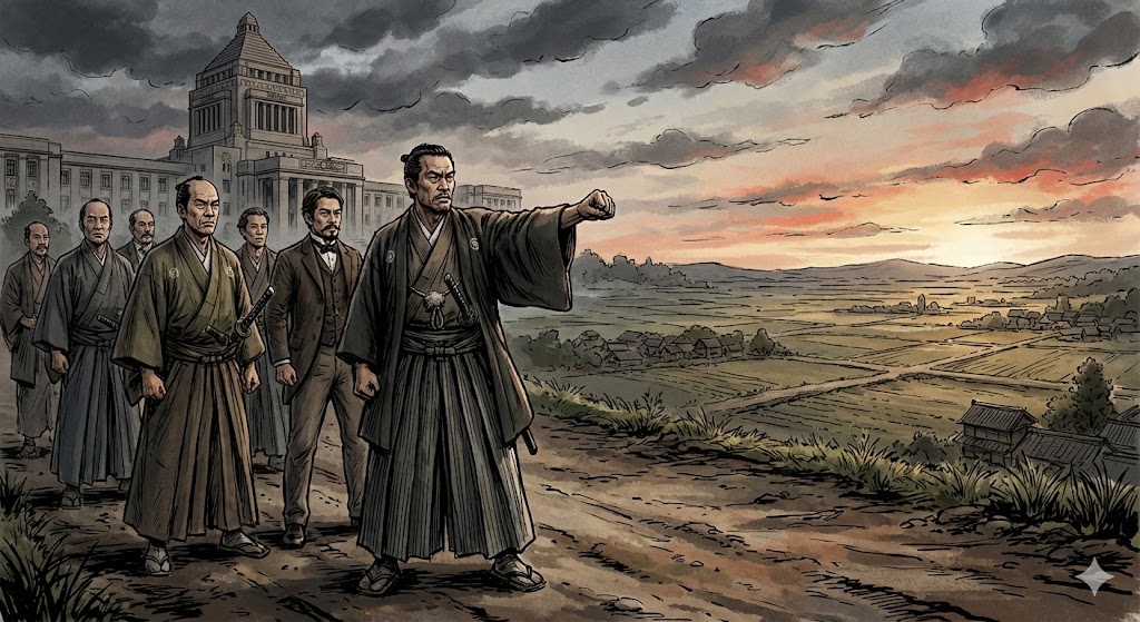 板垣退助らの自由民権派が政府を去り、野に下って新たな活動を始める決意の表情のイラスト