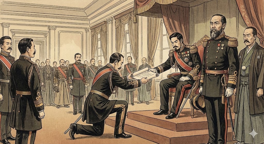 大日本帝国憲法発布式で、明治天皇から憲法を受け取る黒田清隆首相とそれを見守る伊藤博文のイラスト