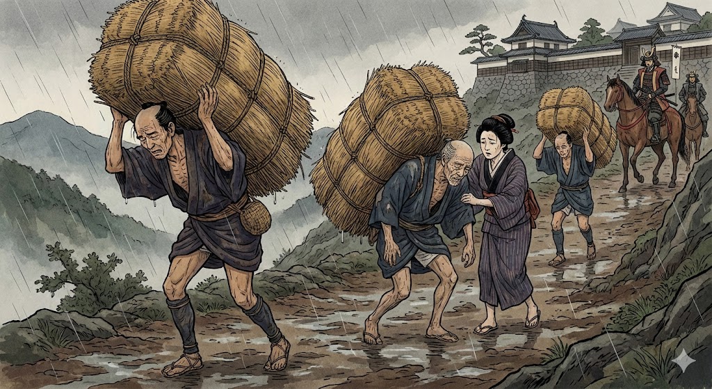 重い年貢米を背負う農民のイメージイラスト