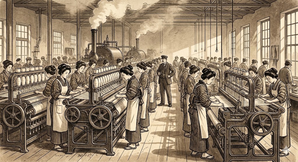近代的な紡績工場で働く女性工員のイラスト