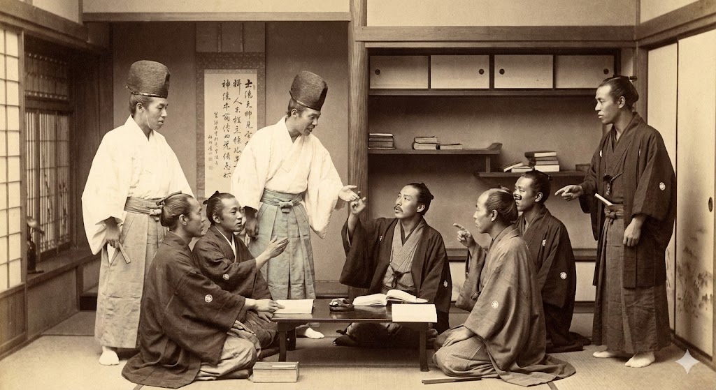 明治初期の神職や国学者たちが議論している様子のイメージ