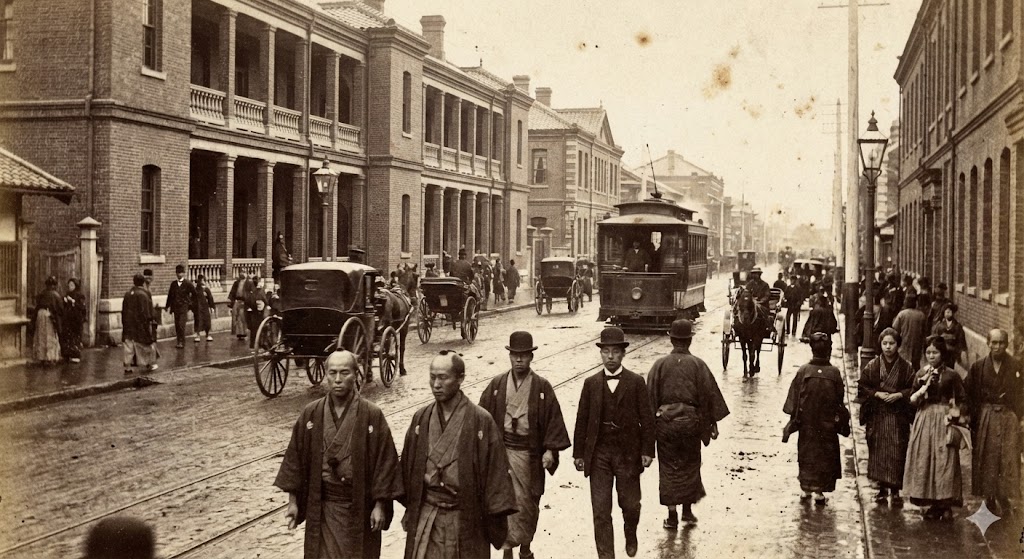 西洋風の建物と断髪した人々が行き交う明治初期の東京の街並み