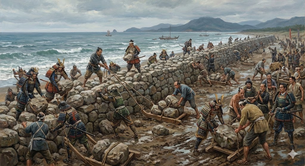 博多湾に石を積み上げる武士たち