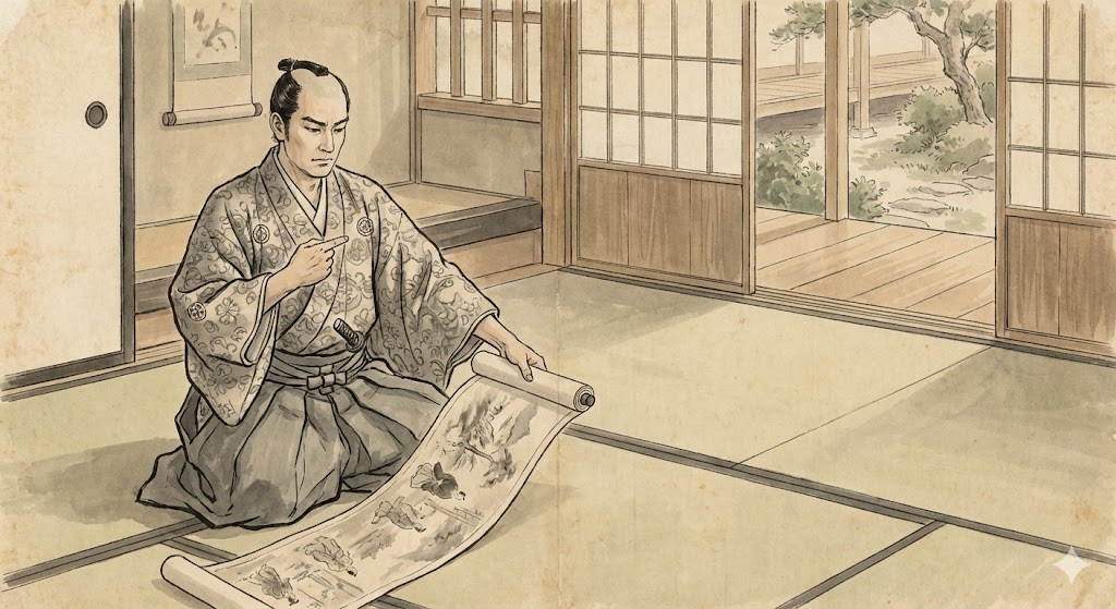 絵巻物を広げて自分を指差す武士のイラスト