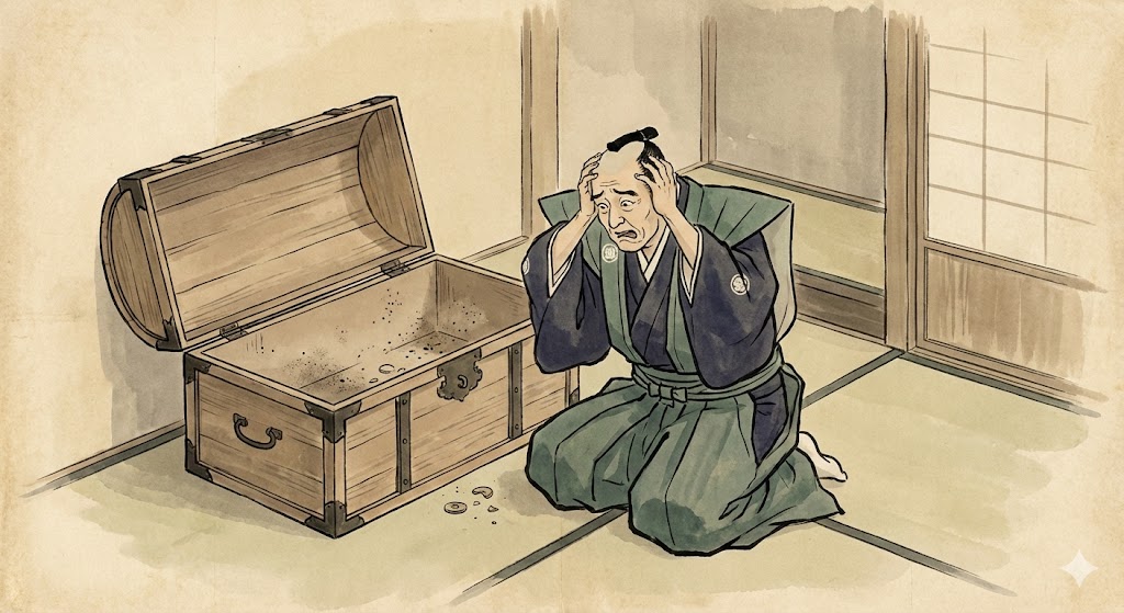 空っぽの宝箱を前に頭を抱える幕府役人のイラスト