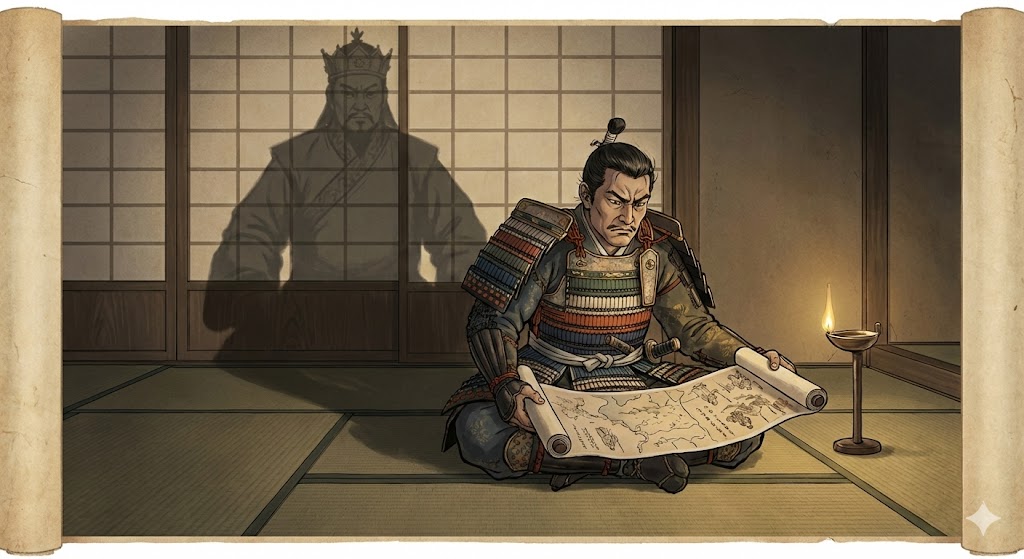 巻物を広げて険しい表情をする日本の武士と、背後に浮かぶモンゴル皇帝の影