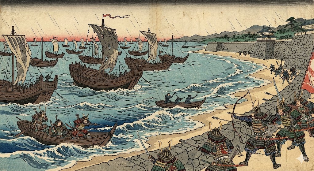 博多湾に押し寄せるモンゴル軍の船団と迎え撃つ日本の武士たち