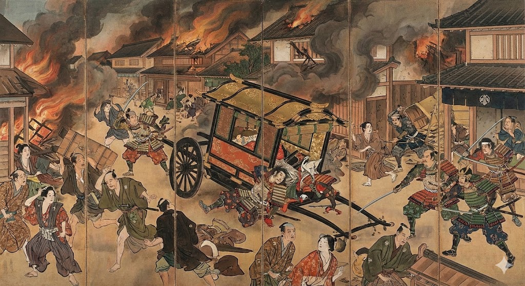 暗殺された足利義教や混乱する京都市中のイメージ