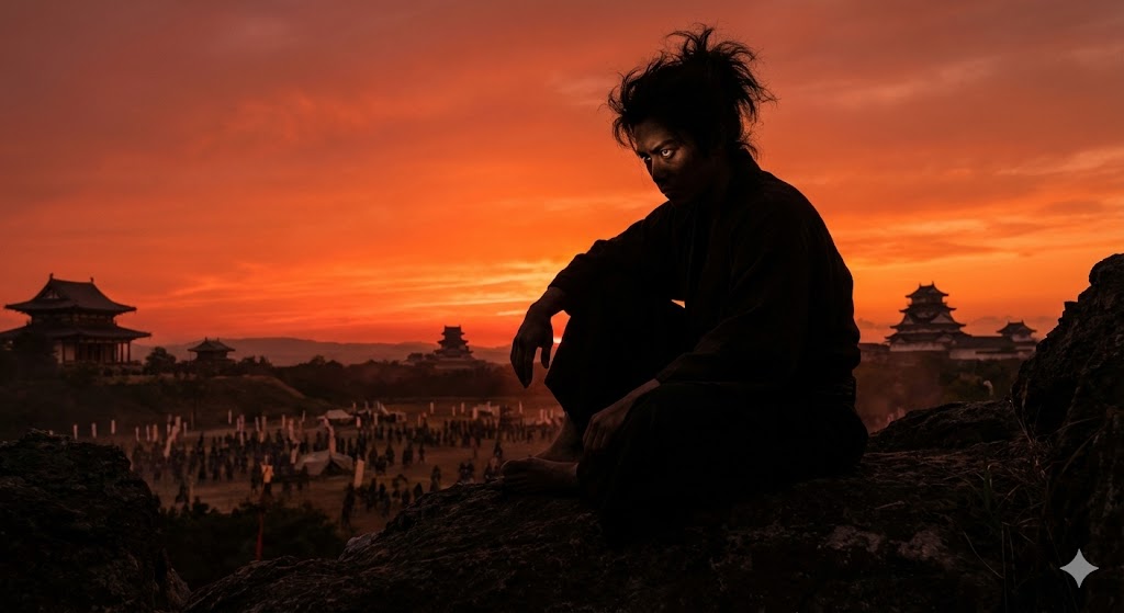 若き日の信長のシルエット。髪は乱れ、行儀悪く座っているが、その目は鋭く遠くを見据えている。