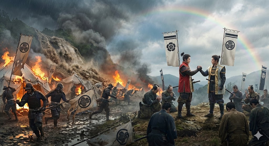 崩れ去る今川軍の陣形と、新たな同盟を結ぶ武将たちのイメージ