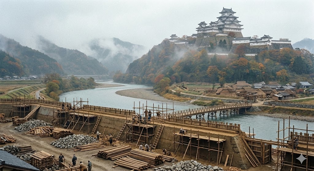 川沿いに築かれる砦と、その先に見える山城のイメージ