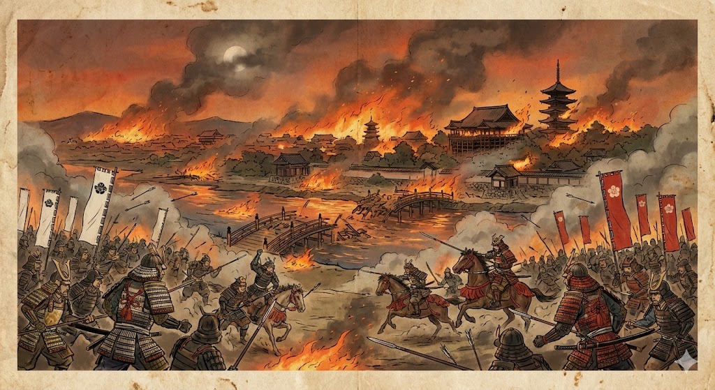 燃え上がる京都の町並みと対峙する二つの軍勢