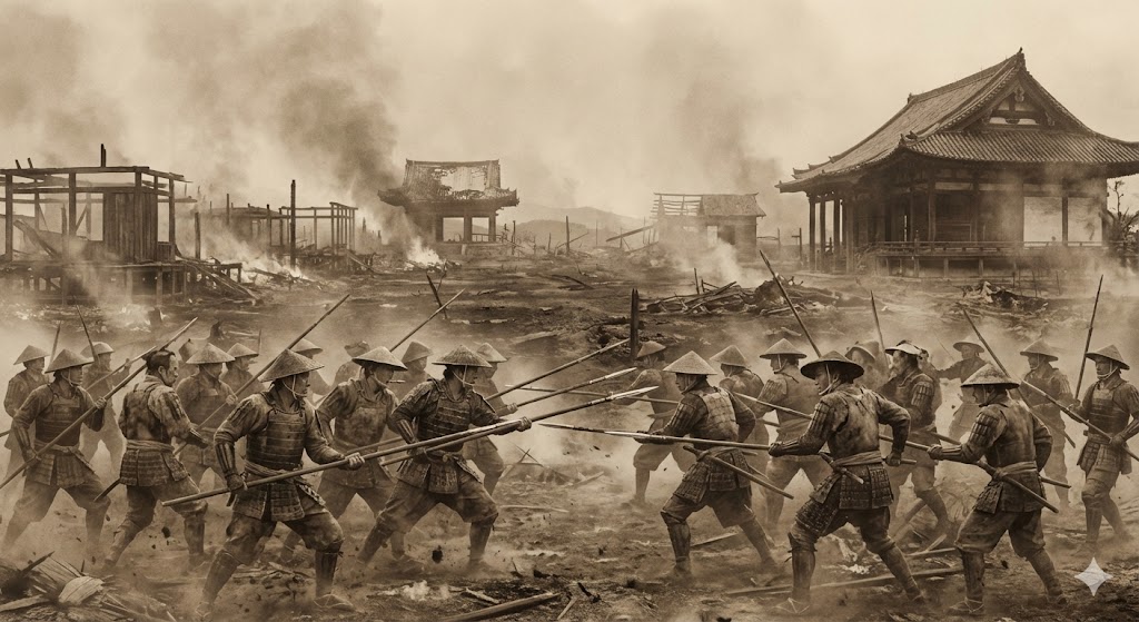 焼け野原となった京都と、槍を持って集団で戦う足軽たち