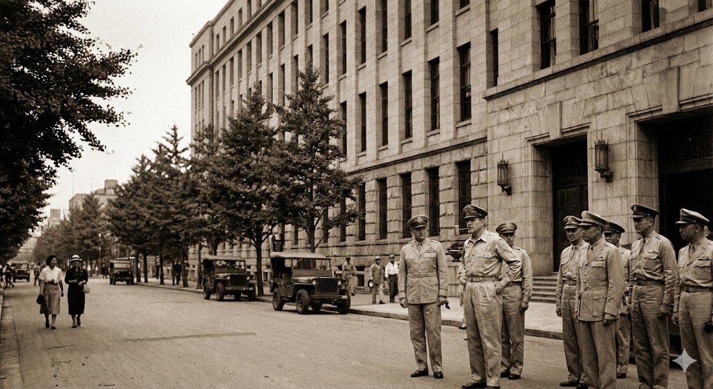 マッカーサー元帥とGHQの建物のイメージ