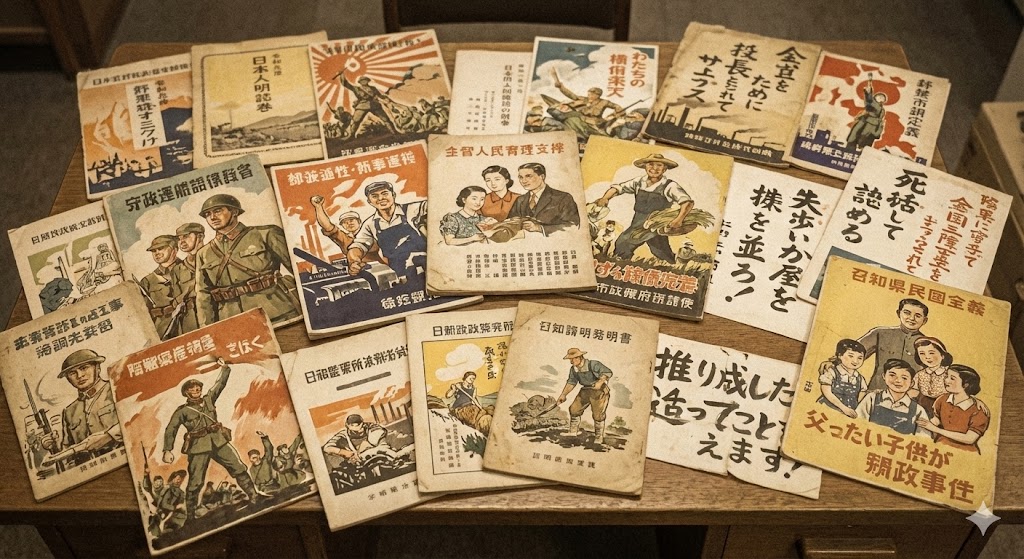 当時の政府が発行したパンフレットやスローガンのイメージ