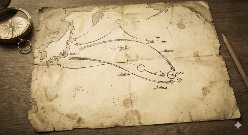 真珠湾攻撃の進路を示した地図のイメージ