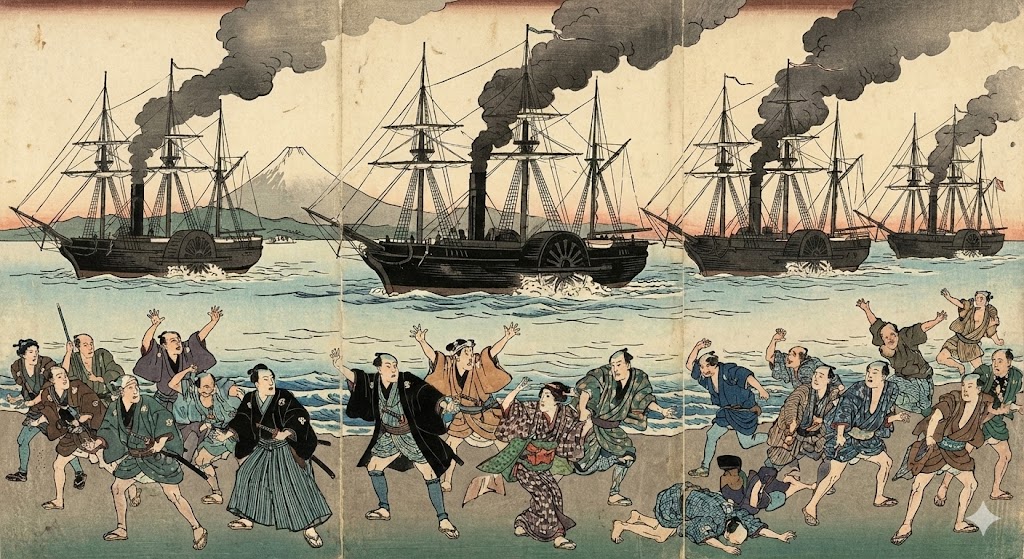 蒸気船の黒煙を上げて迫る黒船艦隊と、慌てふためく江戸の人々