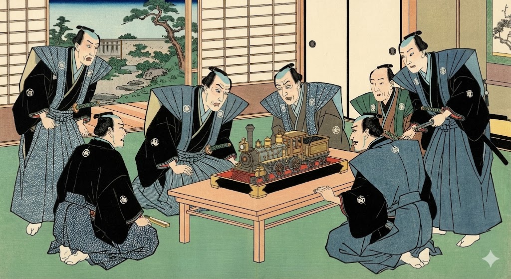 贈り物として持参したミニチュア蒸気機関車を見せられ、驚く幕府の役人たち