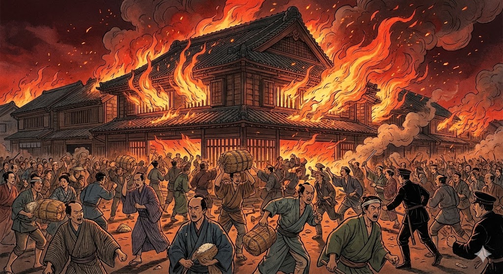 燃え上がる米穀店と群衆のイメージ