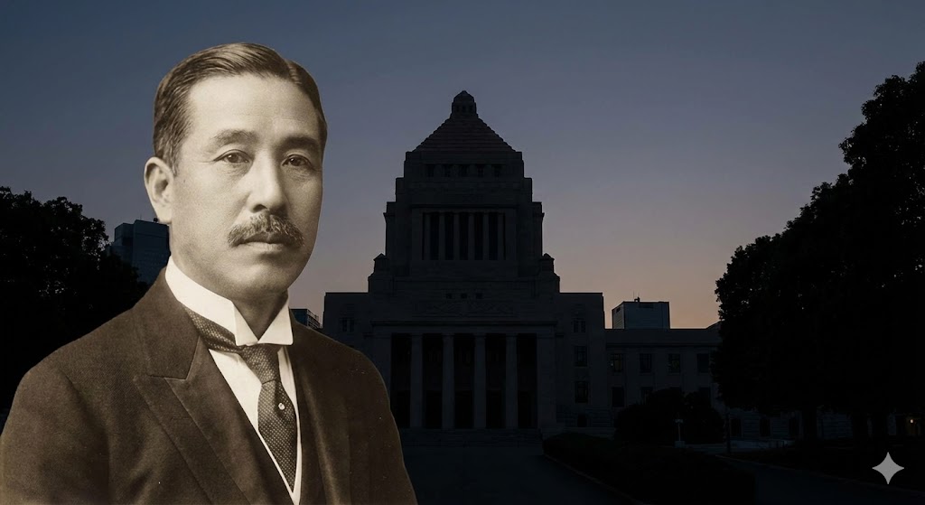 原敬の肖像と国会議事堂のシルエット