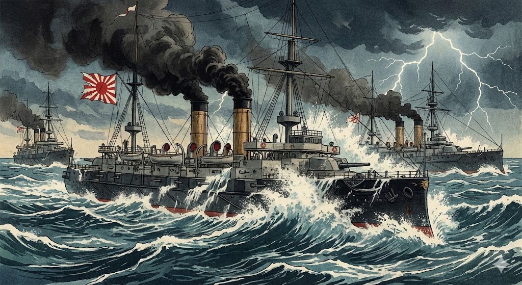 荒れる海を進む軍艦の絵