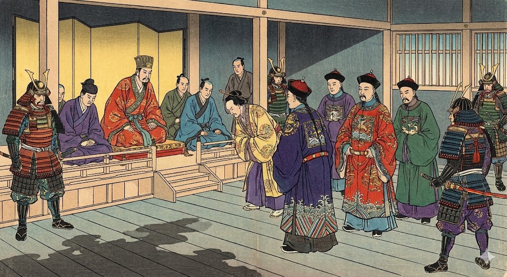 琉球の王宮で、日本の武士の監視下におかれながら、中国からの使節団を迎える琉球王と役人たちの緊張した様子のイラスト