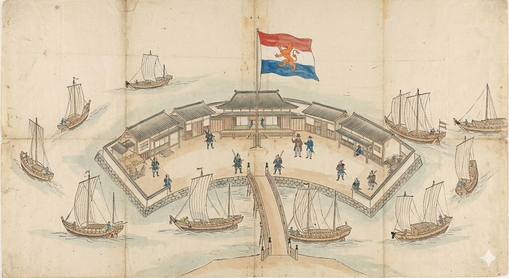 出島の古地図。扇形の人工島にオランダ国旗が掲げられ、和船が出入りしている様子。