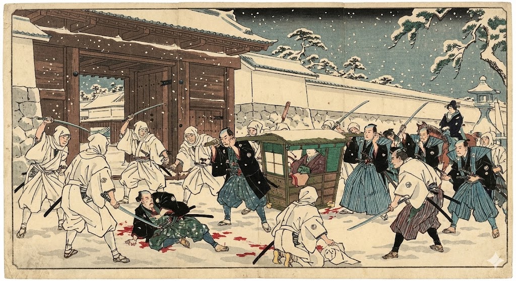 雪の降る桜田門外で大老の行列が襲撃される様子