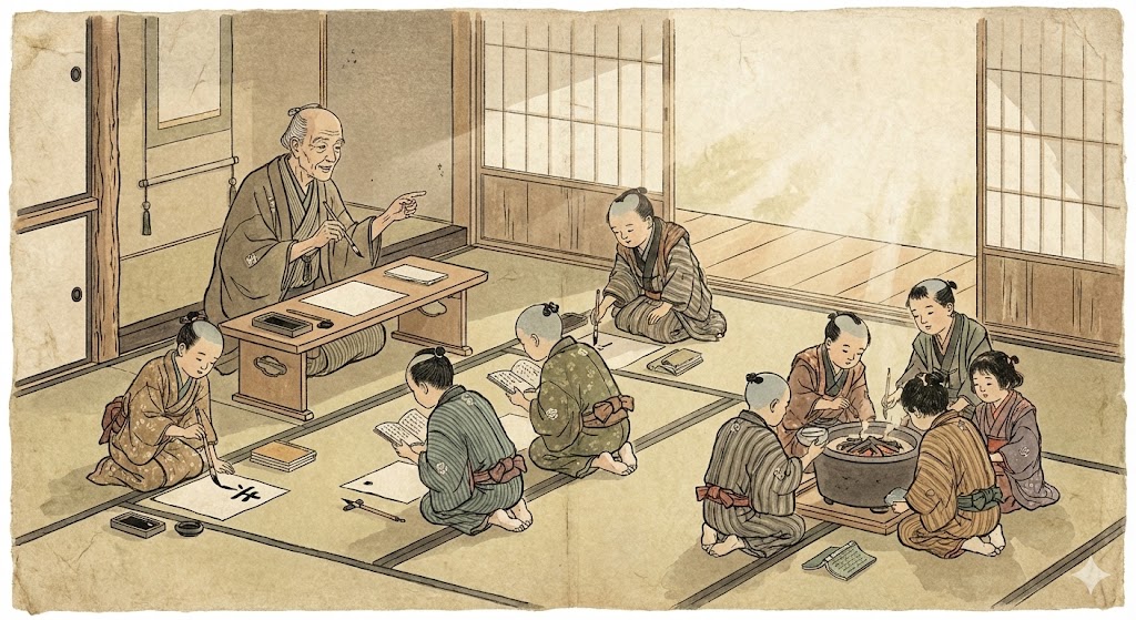 寺子屋で読み書きを習う子供たちの様子