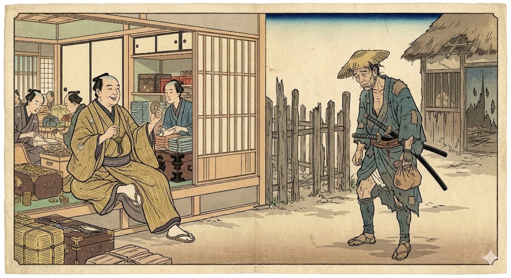 豊かな商人と貧しい武士の対比イメージ