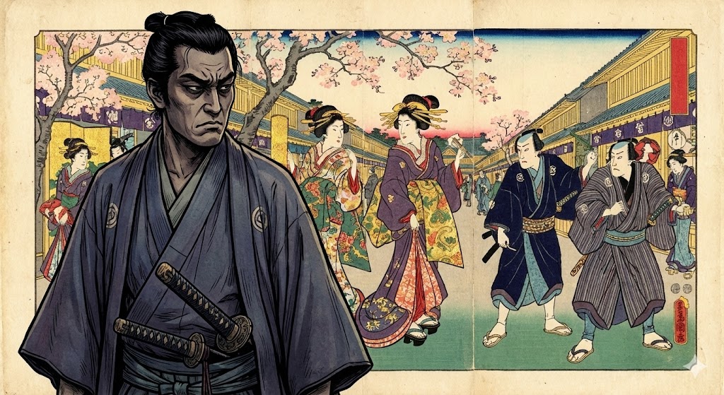 華やかな元禄文化の浮世絵と、それを見つめる深刻な表情の武士のイメージ画像