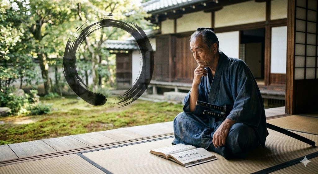 書物を広げて思索にふける侍と、その背後に浮かぶ禅の円相のイメージ画像