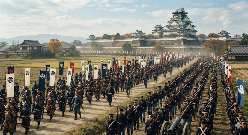 大阪城へ向けて行軍を開始する幕府軍の行列