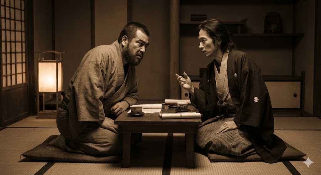 薩長同盟を結ぶために密談する西郷隆盛と木戸孝允