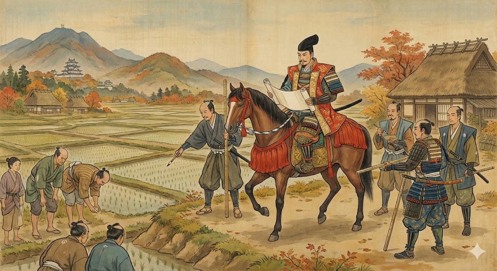 大名が検地帳を持って田畑を視察している様子