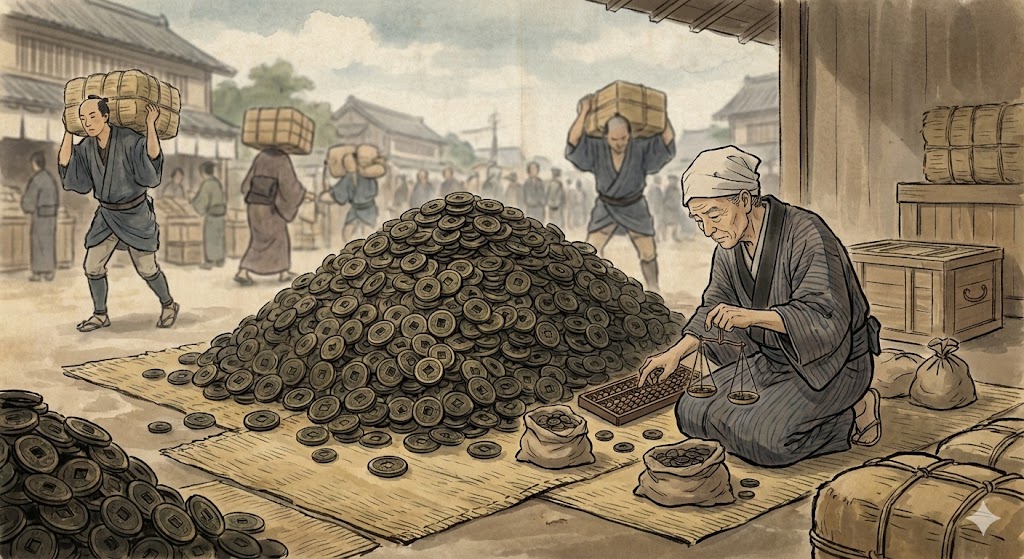山積みにされた中国の銅銭と、それを数える商人