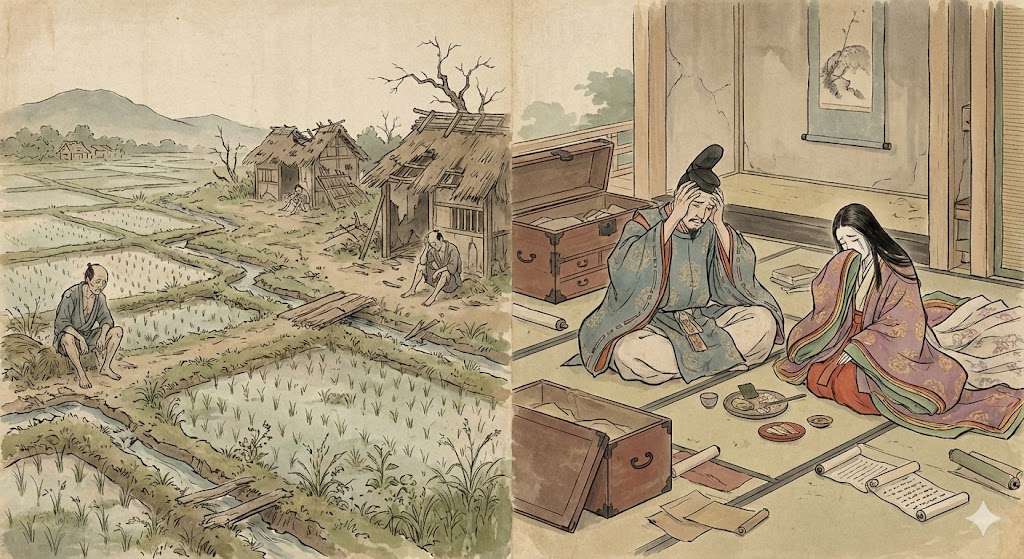 荒れ果てた荘園の様子と、困り果てる京都の貴族のイラスト