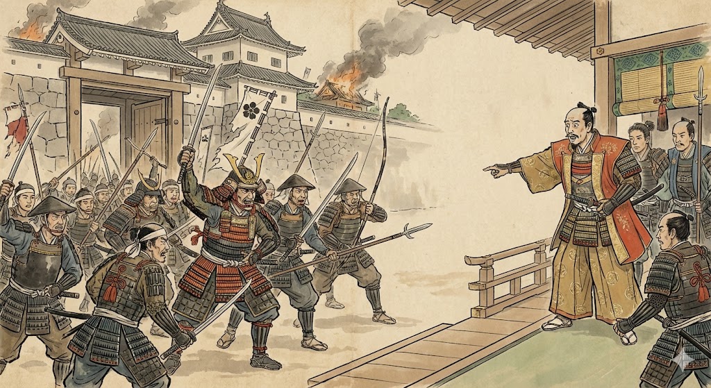 主君に反旗を翻す武装した家臣のイラスト