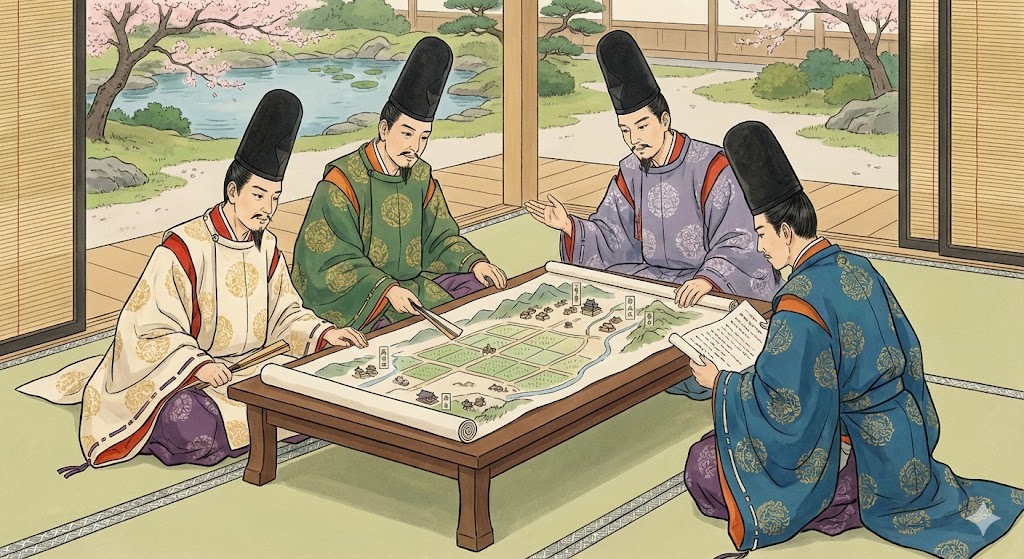 荘園の地図を広げて話し合う平安時代の貴族たち