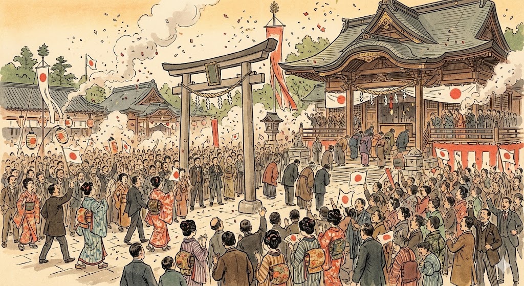 日露戦争の勝利に沸く民衆と神社参拝の様子