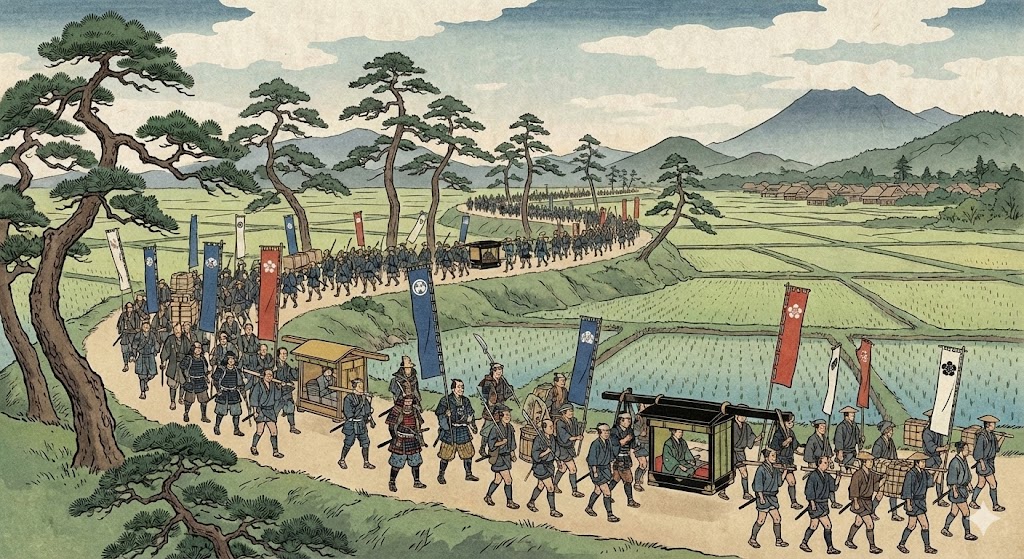 参勤交代の大名行列が街道を進む様子