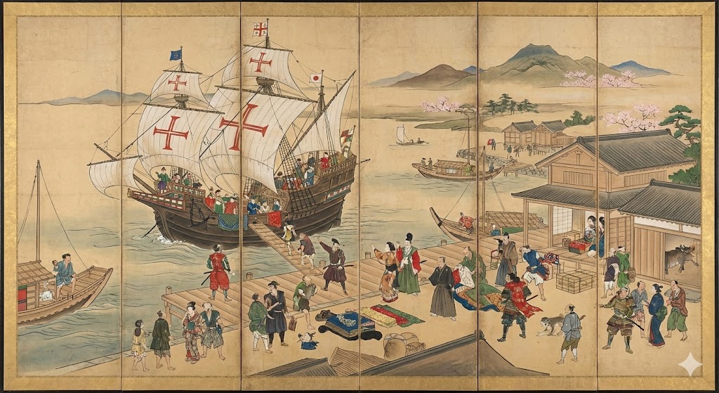 ポルトガル船の到着と賑わう港の様子