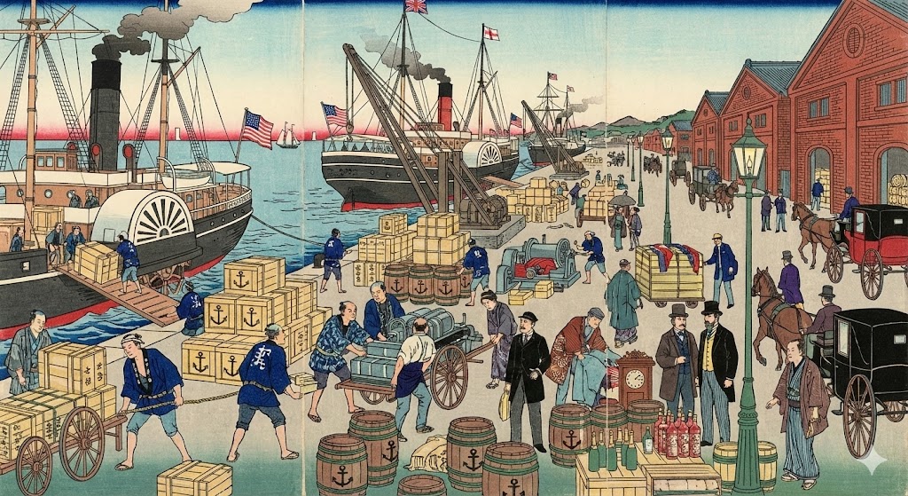 明治時代の波止場で、西洋からの輸入品が大量に積み下ろされている様子