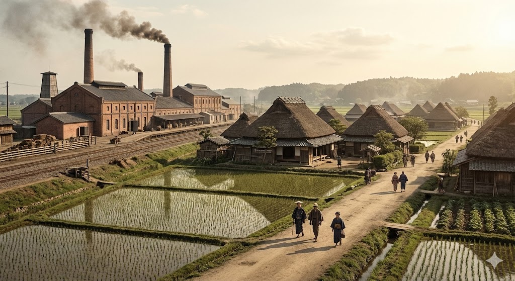 近代的な工場と、そのすぐ近くにある古びた農村の風景が対比されている様子