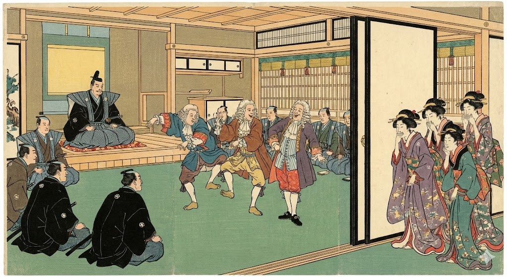 江戸城の広間で、将軍の前でオランダ人が奇妙な動きをしている様子を、ふすまの陰から女性たちが笑って見ているイラスト